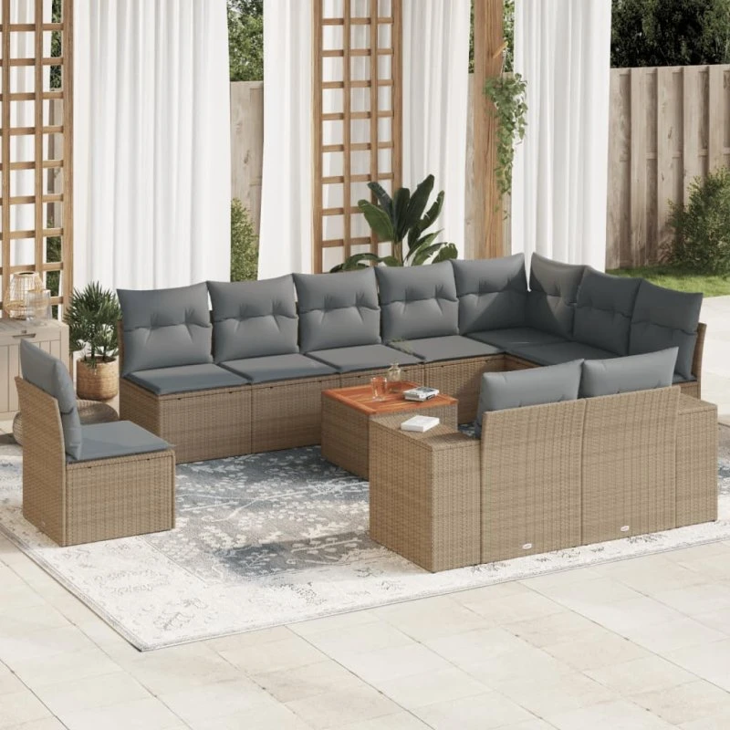 Havesofasæt i polyrattan 11 dele med hynder - beige