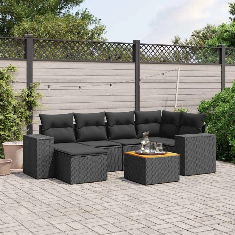 Havesofasæt 7 dele - sort polyrattan med hynder