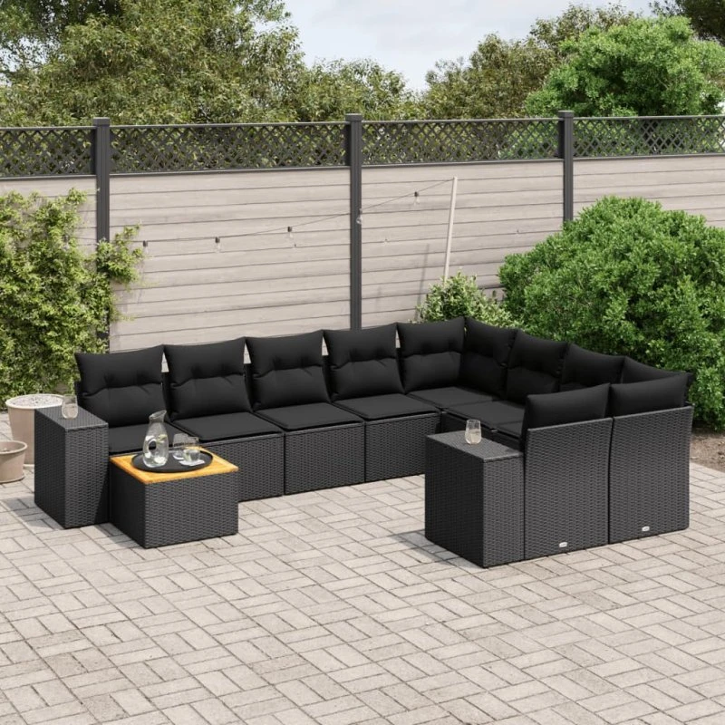 Havesofasæt 10 dele i sort polyrattan med hynder