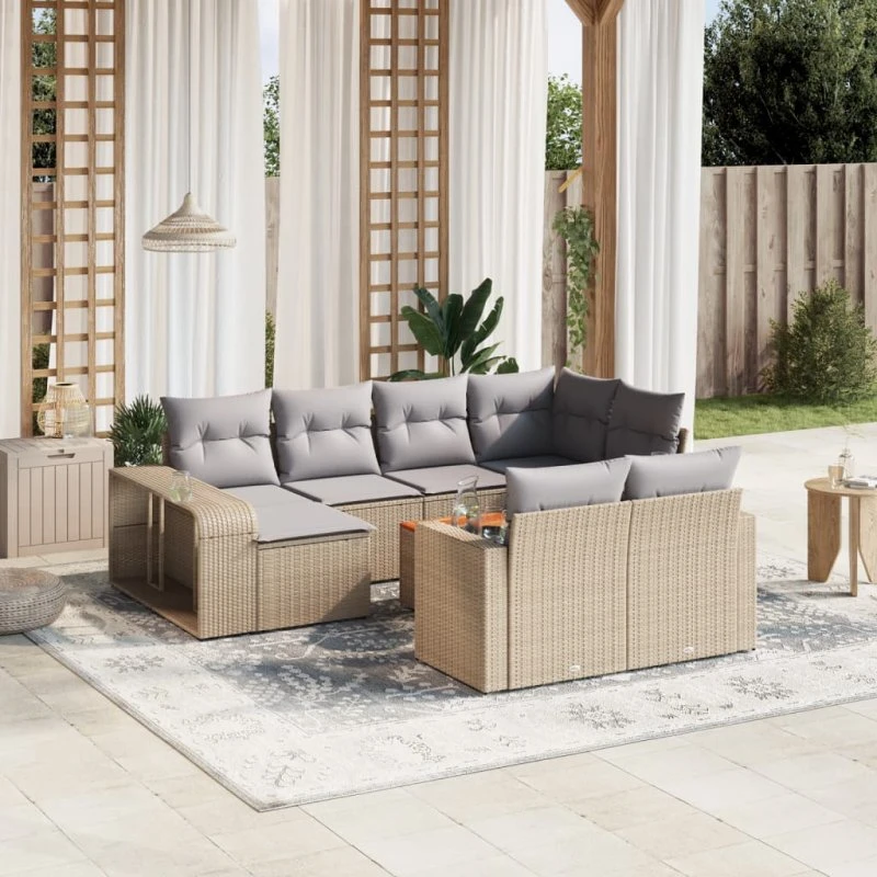 Havesofasæt 11 dele i polyrattan – beige med hynder