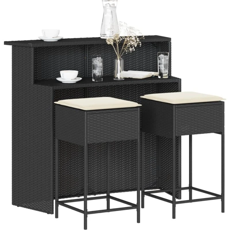 Barsæt 3 dele i polyrattan med hynder – sort