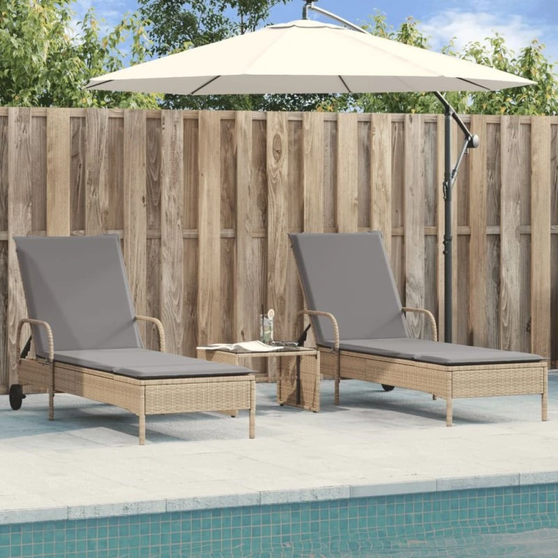 Liggestole i polyrattan 2 stk. med hynder – beige