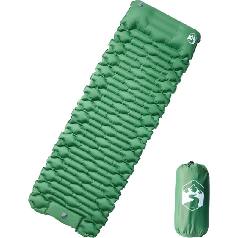 Selvoppustelig 1-personers campingmadras med pude, grøn