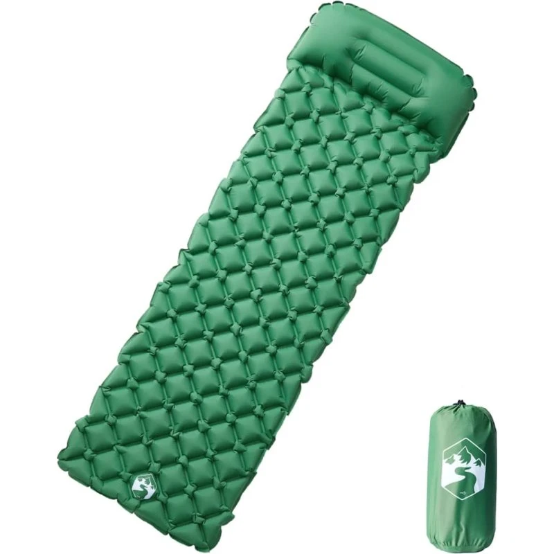 Oppustelig 1-personers campingmadras med pude – grøn