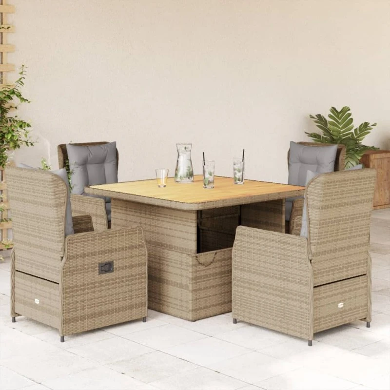 Havesæt i polyrattan 5 dele med hynder, beige