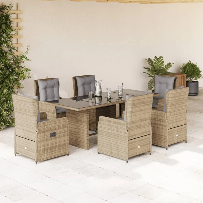 Spisebordssæt i polyrattan 7 dele med hynder - beige