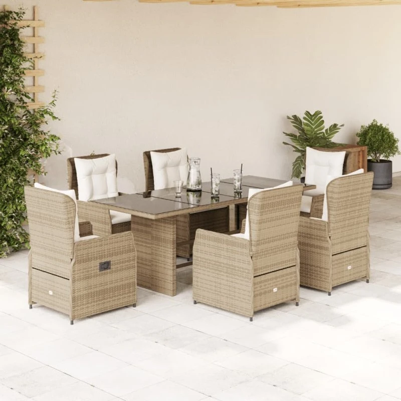 Spisebordssæt i polyrattan 7 dele med hynder - beige