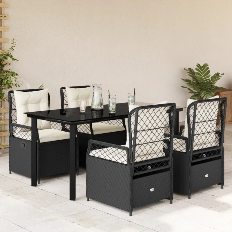 Spisebordssæt i polyrattan 5 dele – sort med hynder