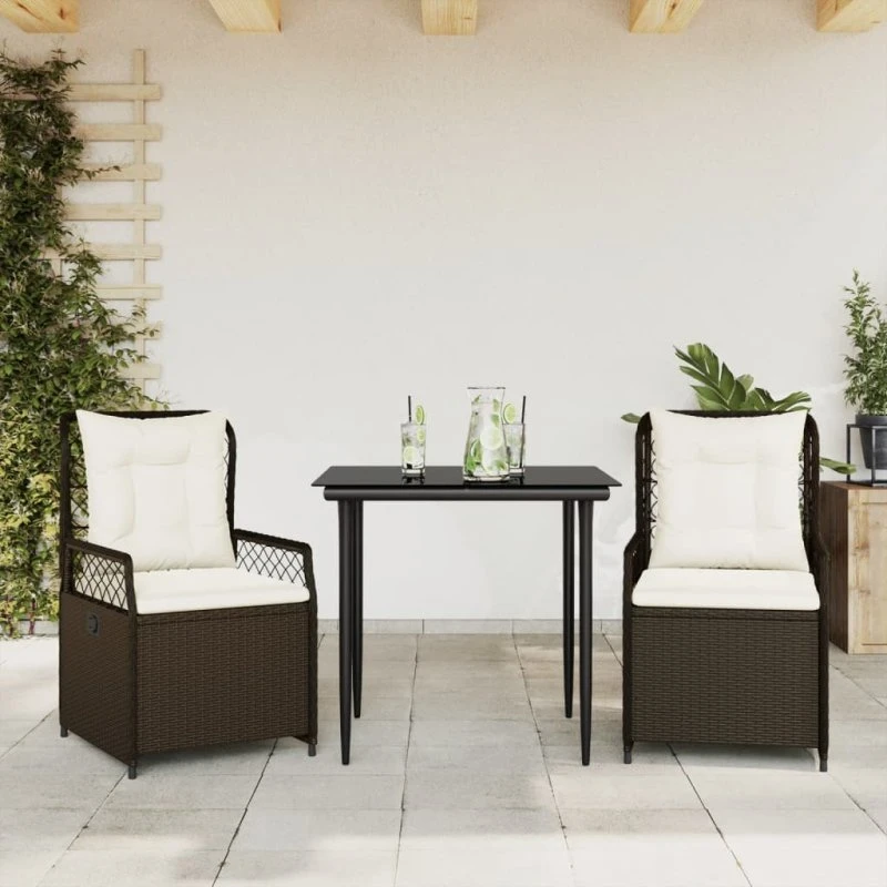 Spisebordssæt til haven i brun polyrattan, 3 dele m. hynder