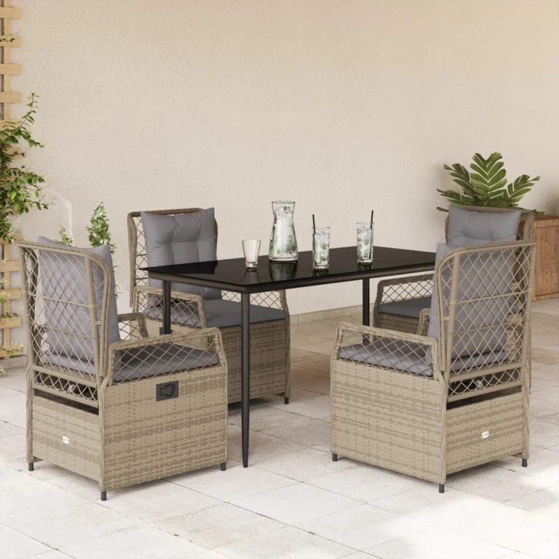 Spisebordssæt 5 dele i polyrattan beige med hynder