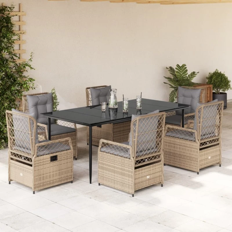 Havemøbelsæt 7 dele i polyrattan med hynder, beige