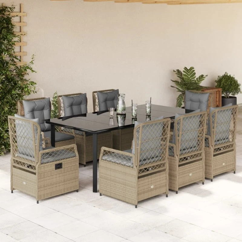 Spisebordssæt til haven 9 dele med hynder, beige polyrattan