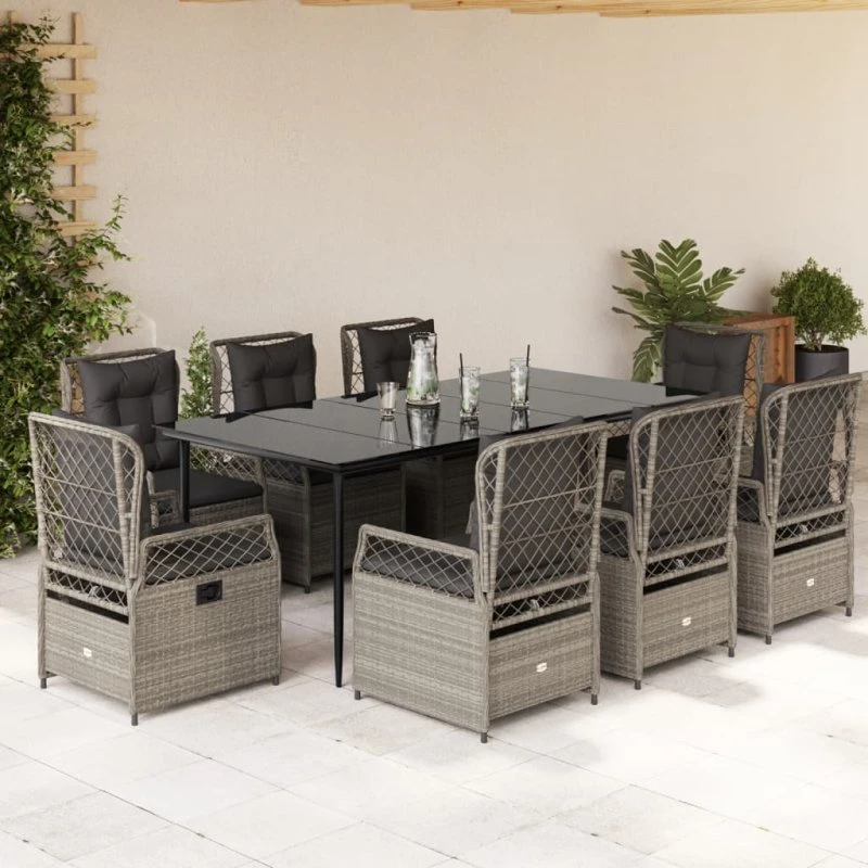 Spisebordssæt i polyrattan 9 dele med hynder – lys grå