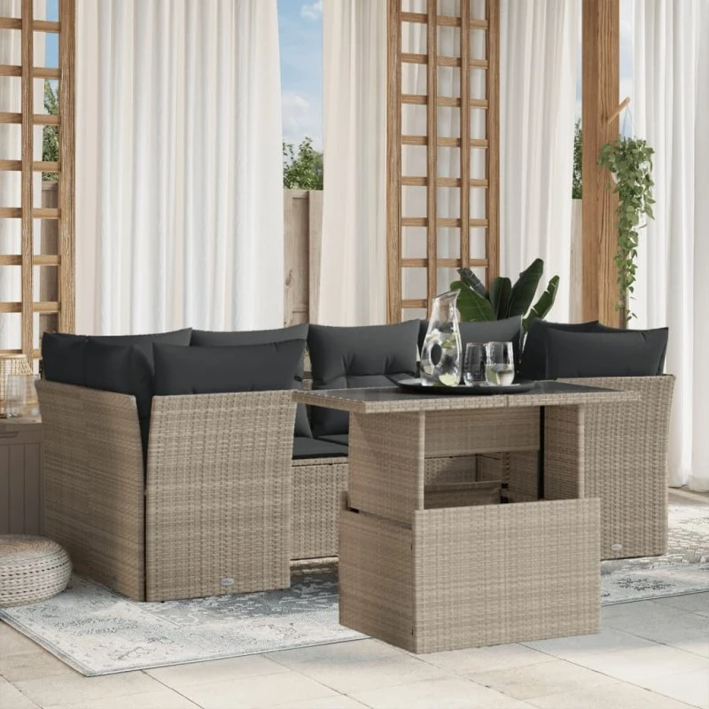 Havesofasæt 7 dele i polyrattan lysegrå med hynder