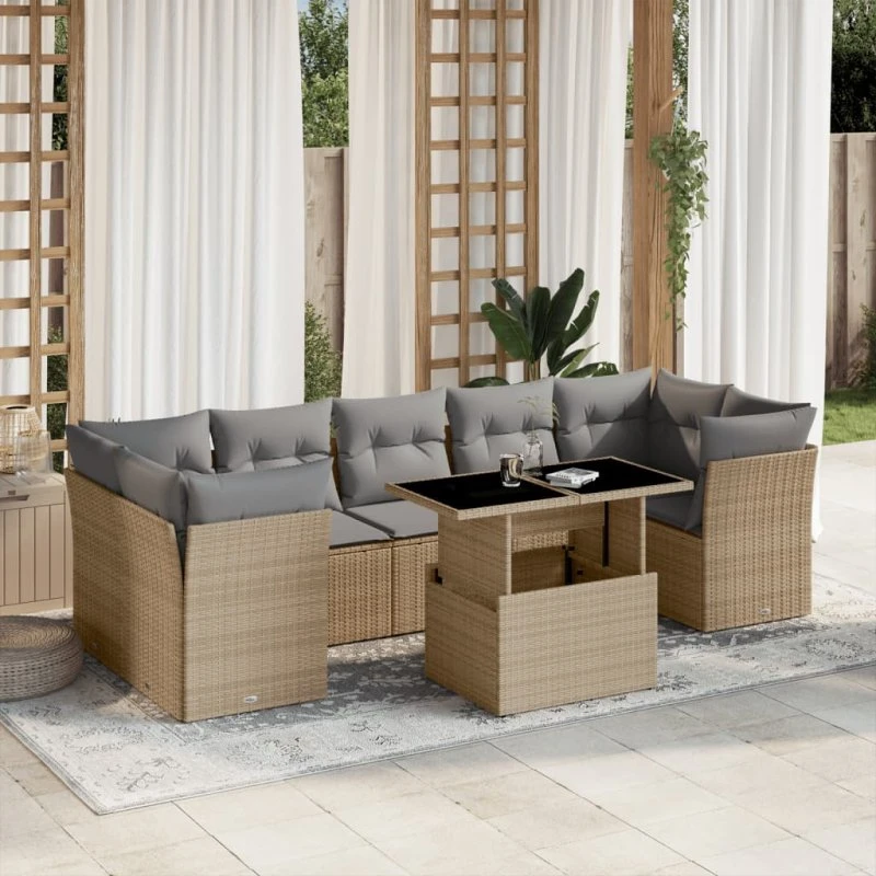 Havesofa sæt 8 dele i beige polyrattan inkl. hynder