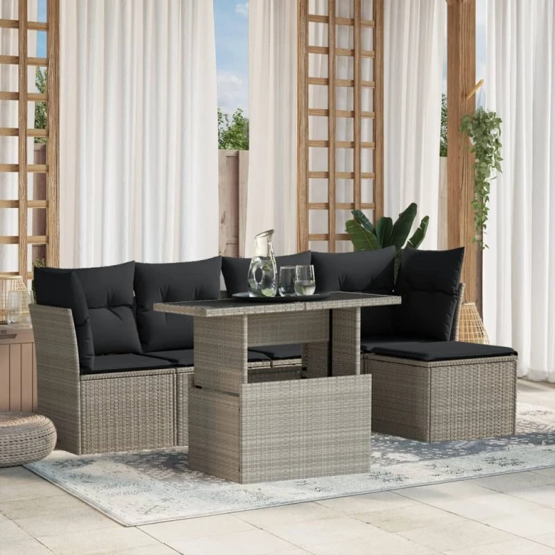 Havesofasæt 6 dele i lysegrå polyrattan med hynder