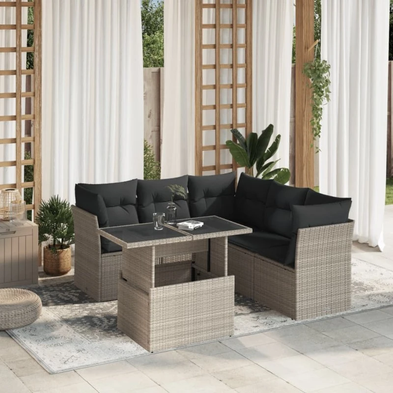 Havesofasæt 6 dele i polyrattan med hynder - lysegrå