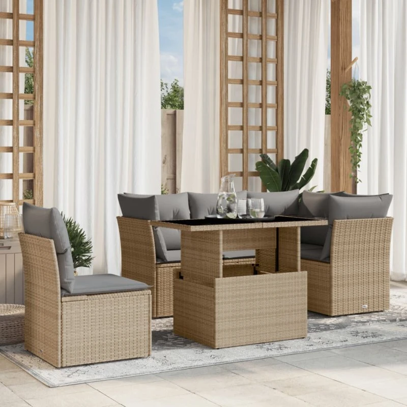 Sofasæt til haven 6 dele i beige polyrattan med hynder