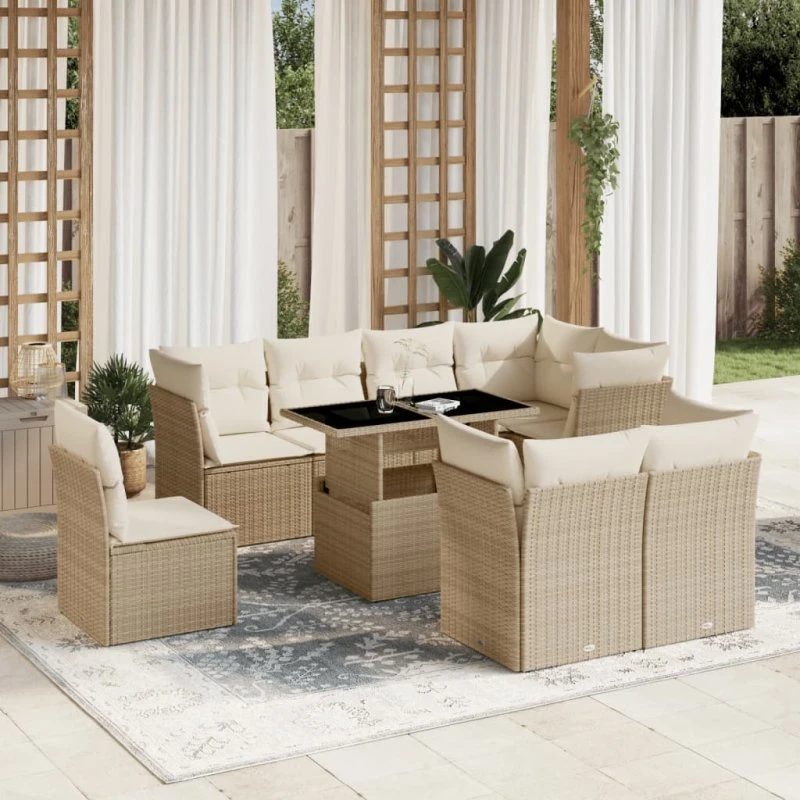 9-delt havesofa sæt i polyrattan med hynder, beige