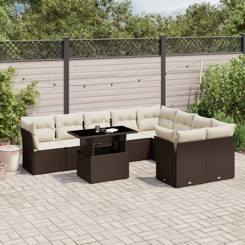 Havesofasæt 10 dele i polyrattan med hynder – brun