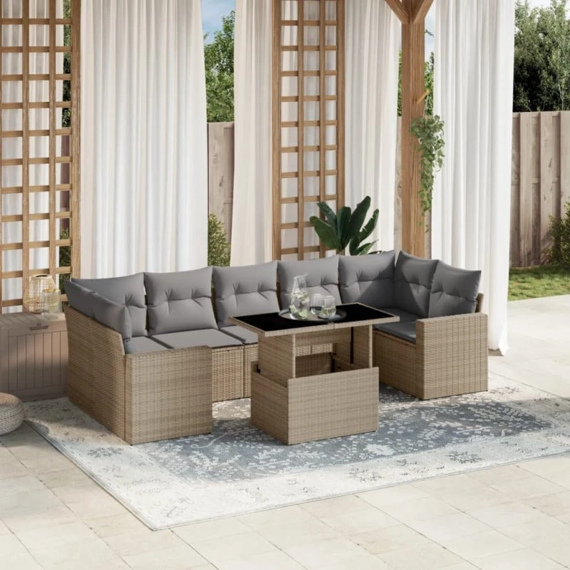 Sofasæt til haven 8 dele i beige polyrattan med hynder