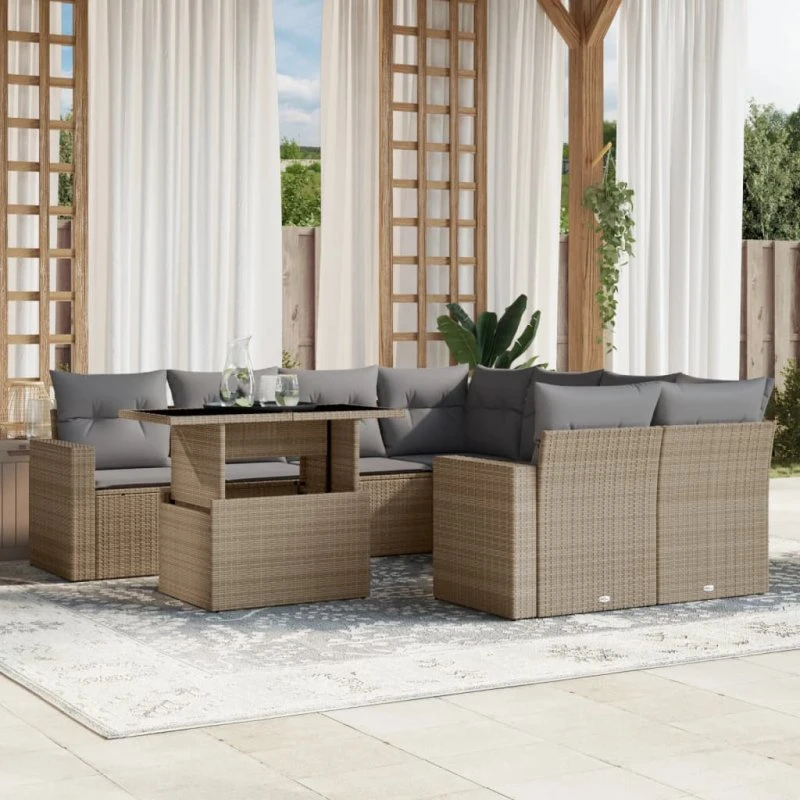 Havesæt i polyrattan 9 dele med hynder - Beige