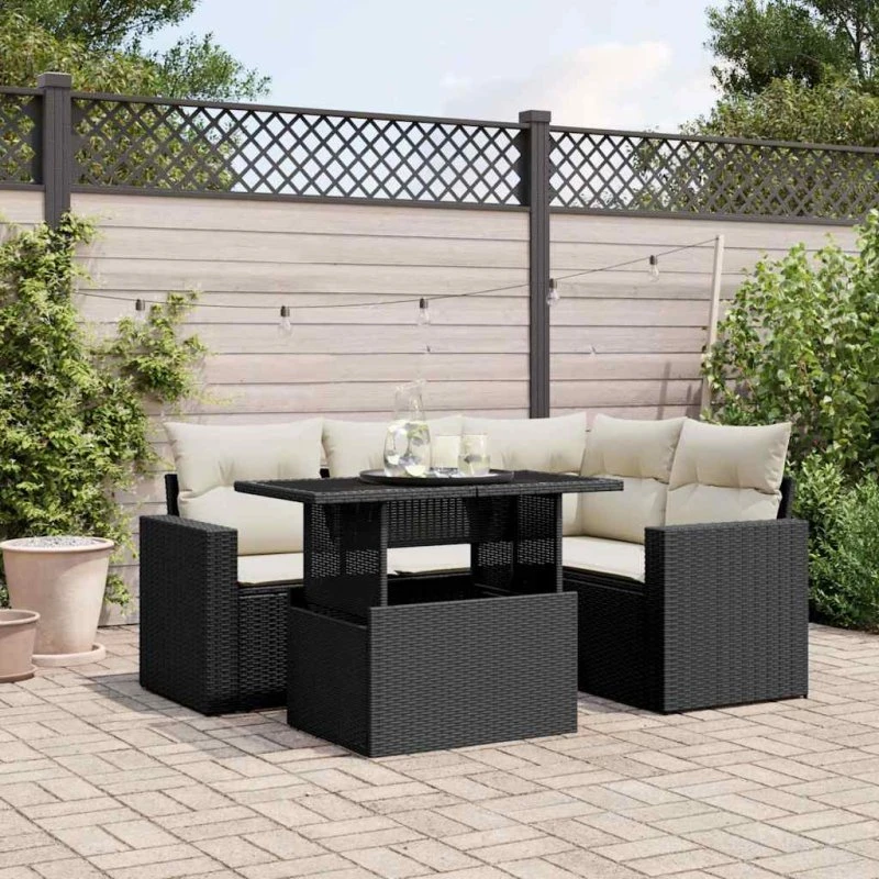 Havesofasæt 5 dele i polyrattan med hynder – sort
