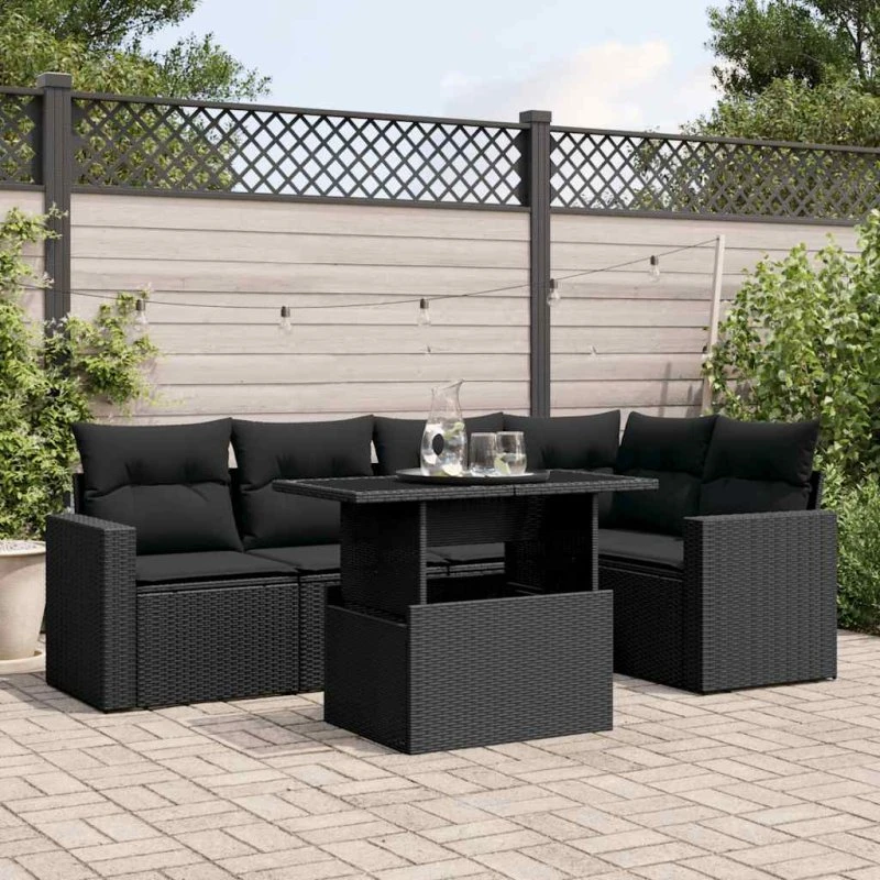Sofasæt til haven 6 dele i sort polyrattan med hynder