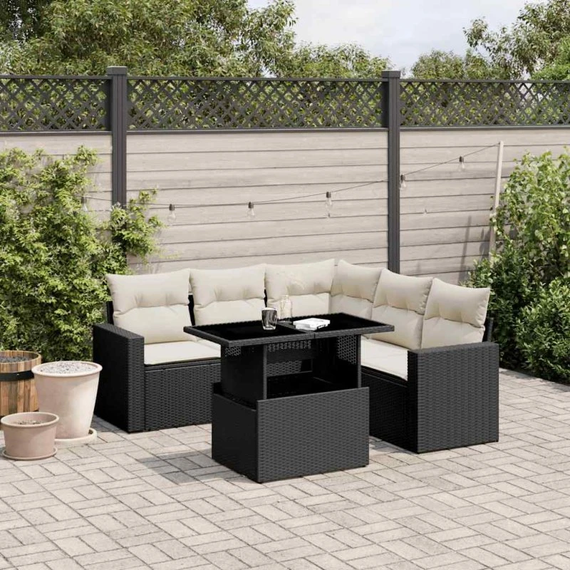 Sofasæt til haven 6 dele i sort polyrattan med hynder