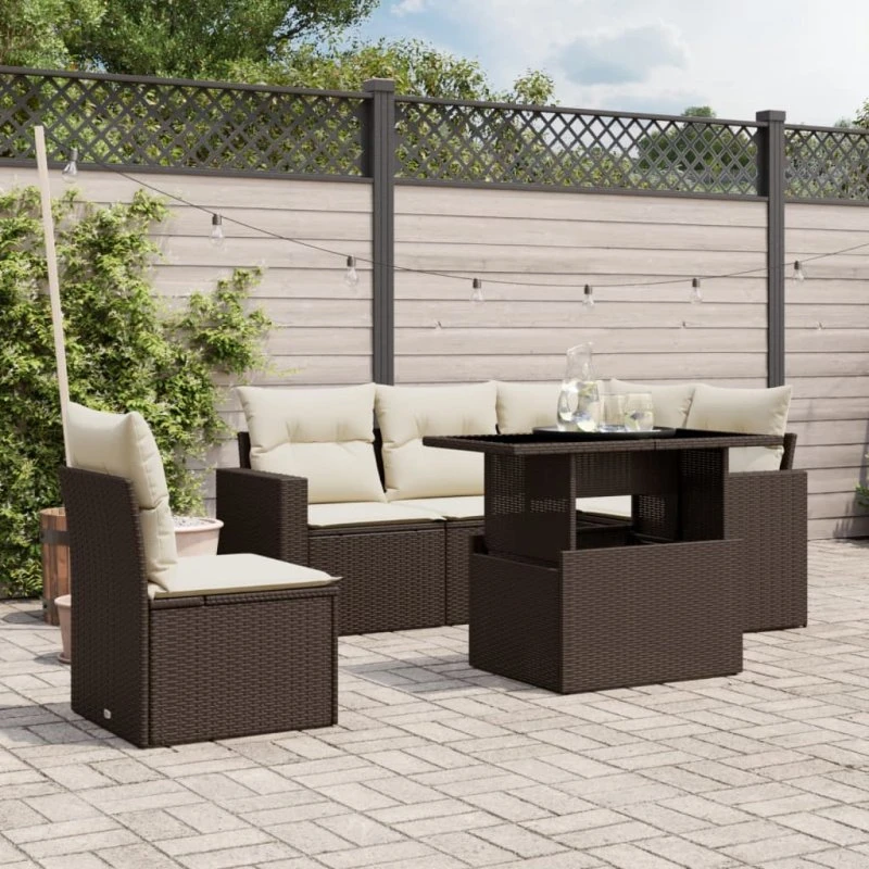 Havesofasæt 6 dele i brun polyrattan med hynder
