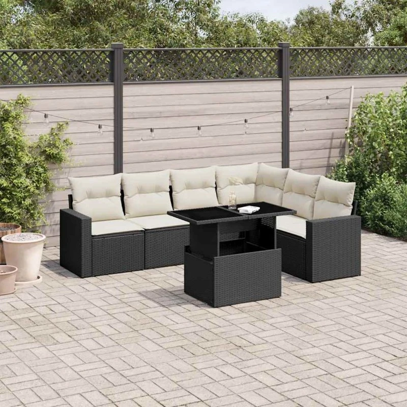 Havemøbelsæt 7 dele i polyrattan med hynder – sort