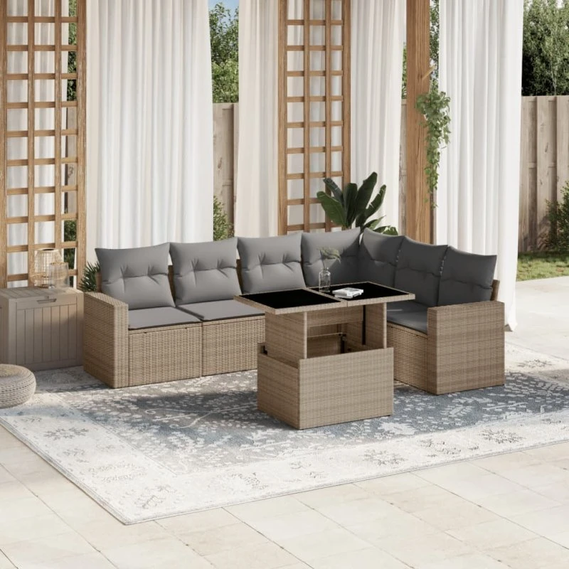 Havemøbelsæt 7 dele i polyrattan med hynder, beige