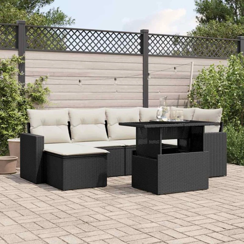 Havesofasæt 7 dele i sort polyrattan med hynder
