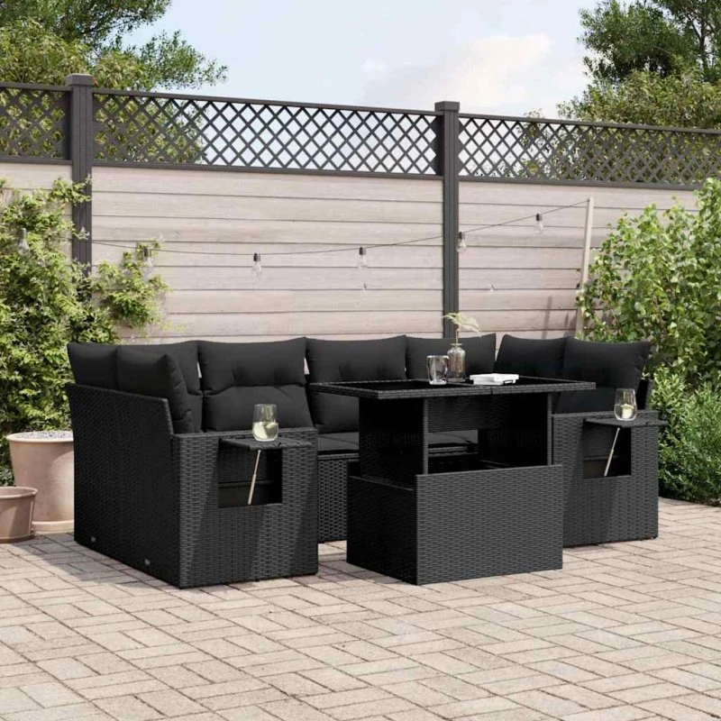 Havesofasæt 7 dele i sort polyrattan med hynder