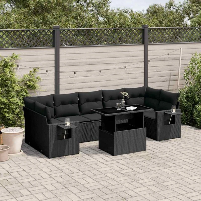 Havesofasæt 8 dele i sort polyrattan m. hynder