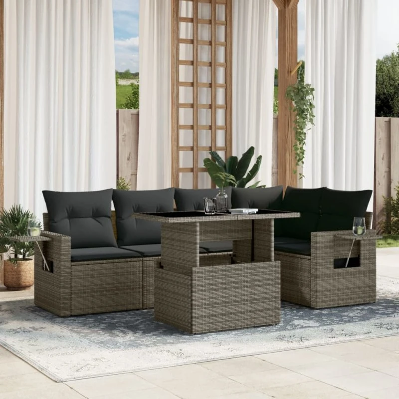 Havesofasæt 6 dele i grå polyrattan med hynder