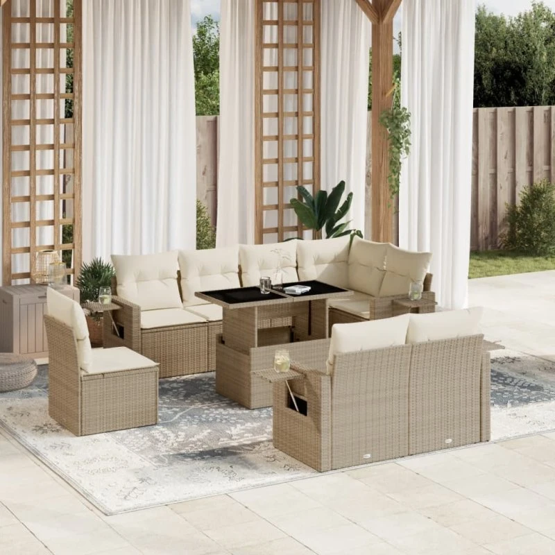Havesofa sæt 9 dele i polyrattan med hynder - Beige