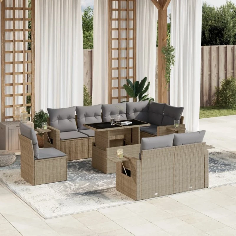 Sofasæt til haven 9 dele i polyrattan med hynder - Beige