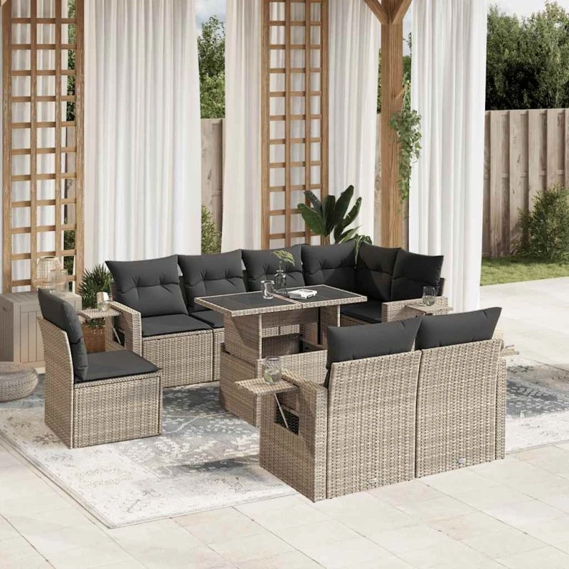 Havesofasæt 9 dele i lysegrå polyrattan med hynder