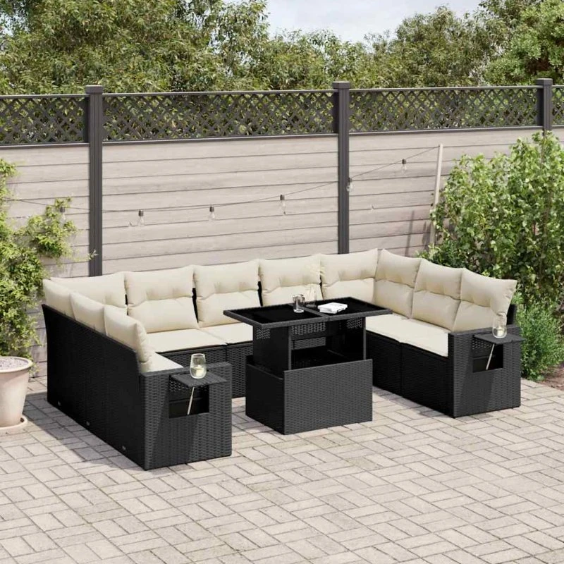 Havesæt 10 dele i sort polyrattan med hynder