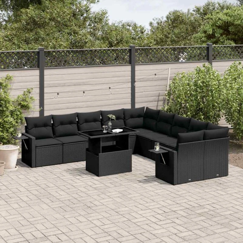 Sofasæt til haven 11 dele i polyrattan med hynder - sort