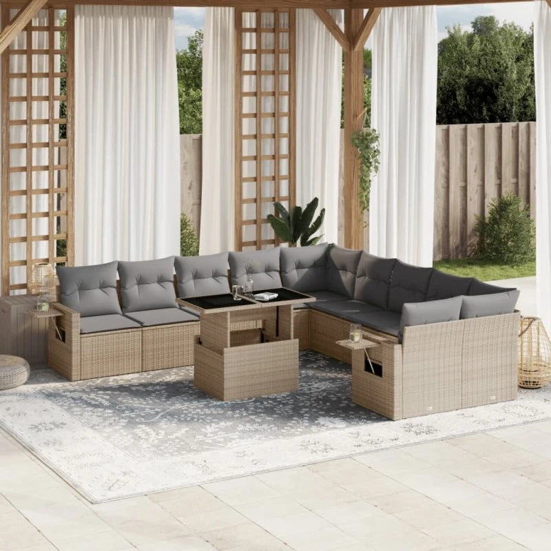 Havesofasæt 11 dele i polyrattan - beige med hynder