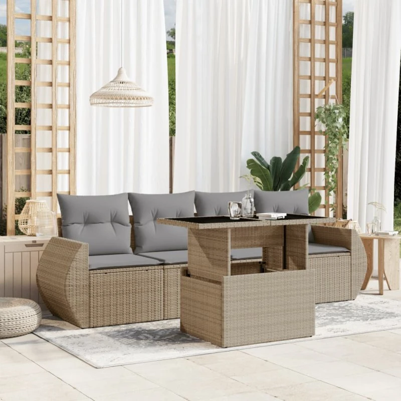 5-dele havesofa sæt i beige polyrattan med hynder