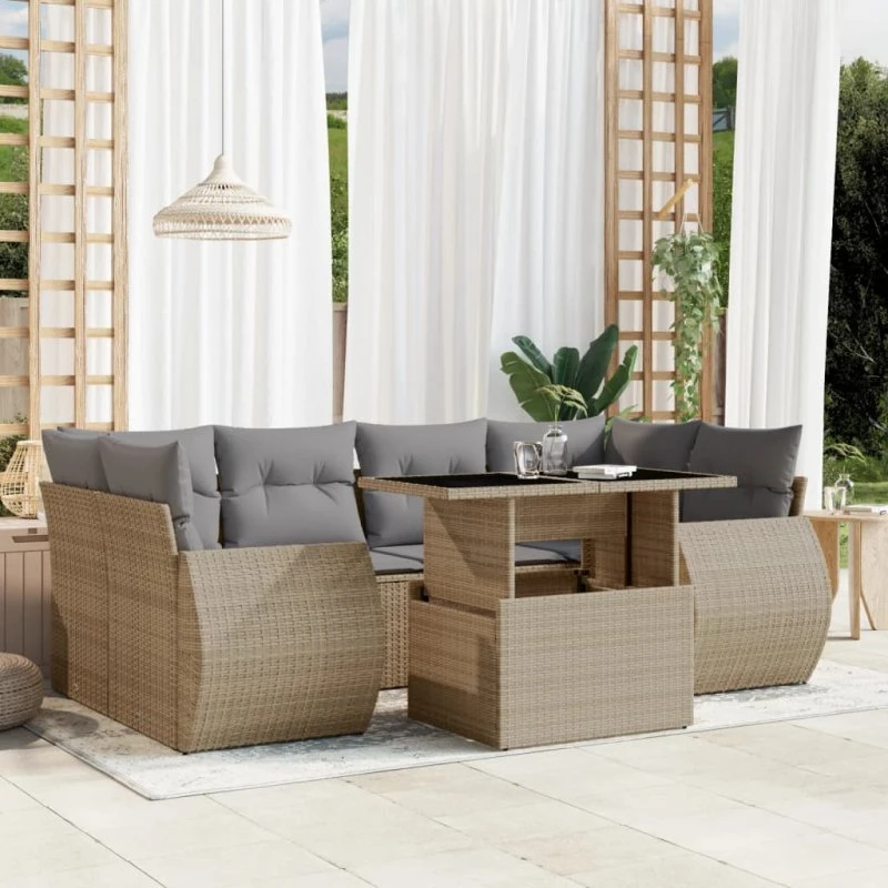 Havesofasæt 7 dele i beige polyrattan med hynder