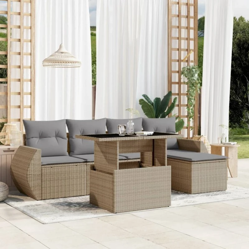 6-dele havemøbelsæt i polyrattan med hynder - beige