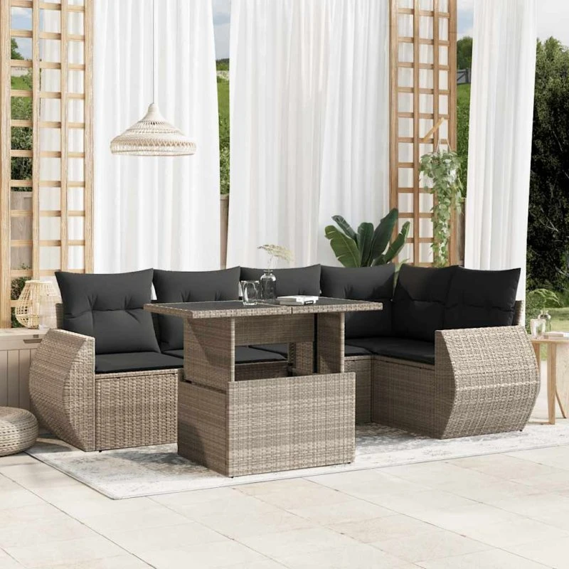 Havesofasæt 6 dele i lysegrå polyrattan med hynder