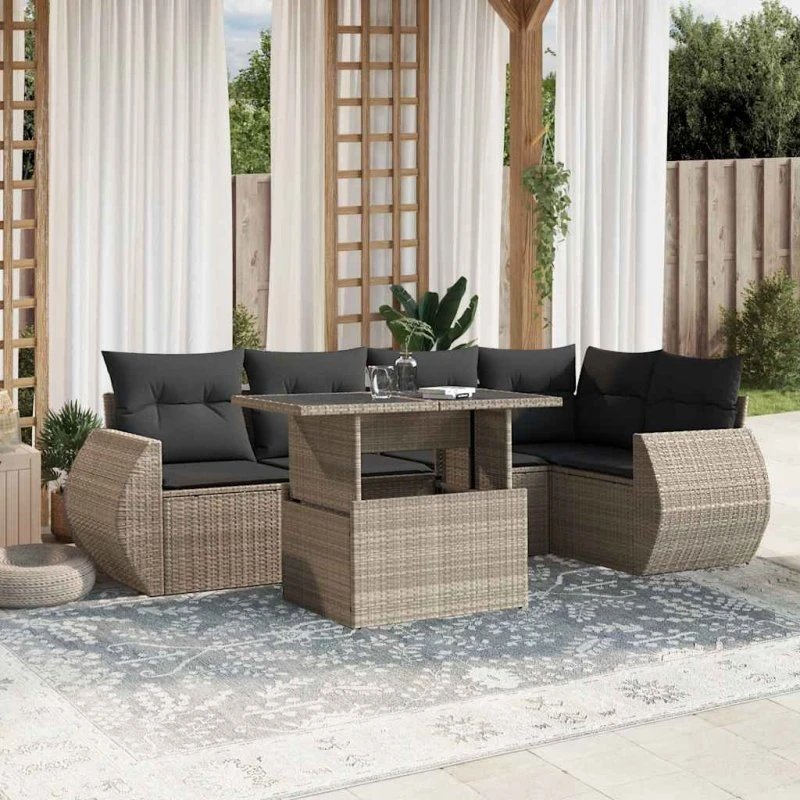Havesofasæt 7 dele i lysegrå polyrattan med hynder