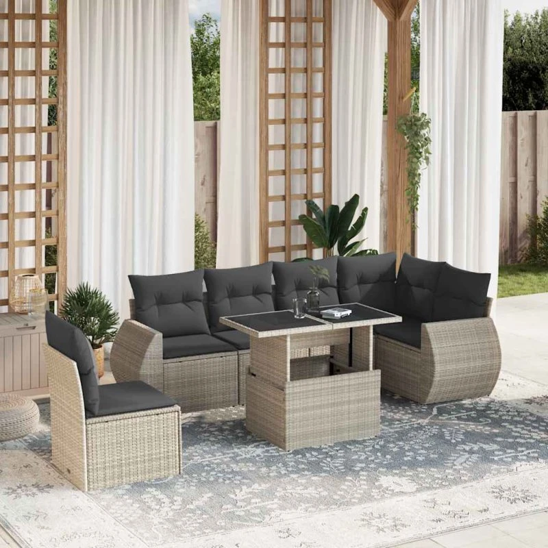 Havesofasæt 7 dele i lysegrå polyrattan med hynder