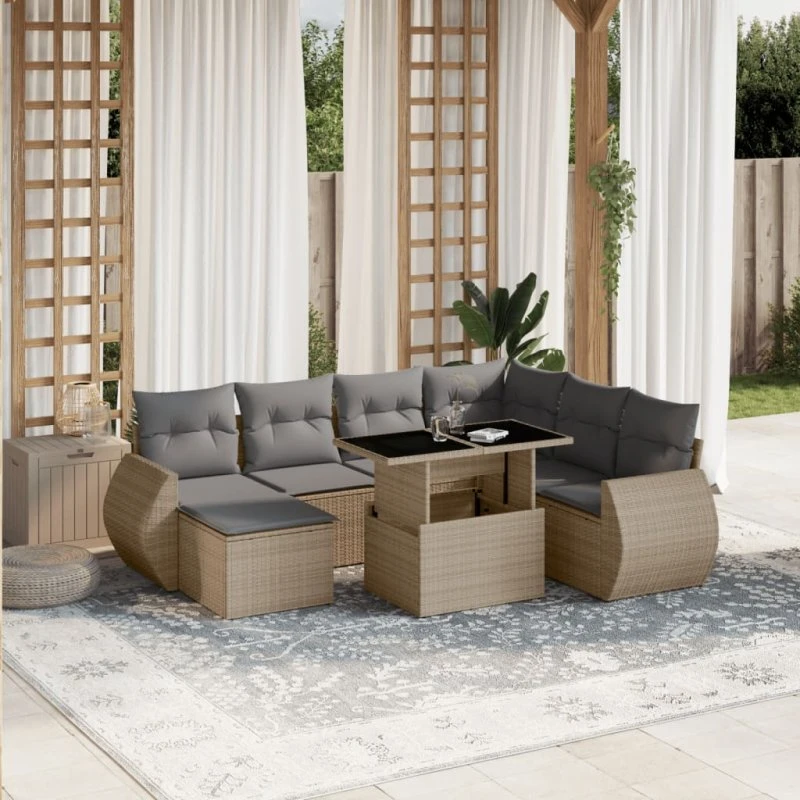 Sofasæt til have 8 dele i beige polyrattan med hynder