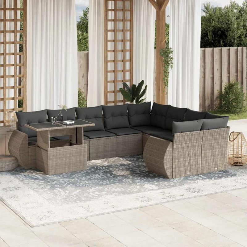 Havesofasæt 10 dele i polyrattan med hynder, lysegrå